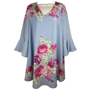 Umgee Dress Size Small Blue Floral Bell Sleeve V-Neck Flowy Cottagecore Boho